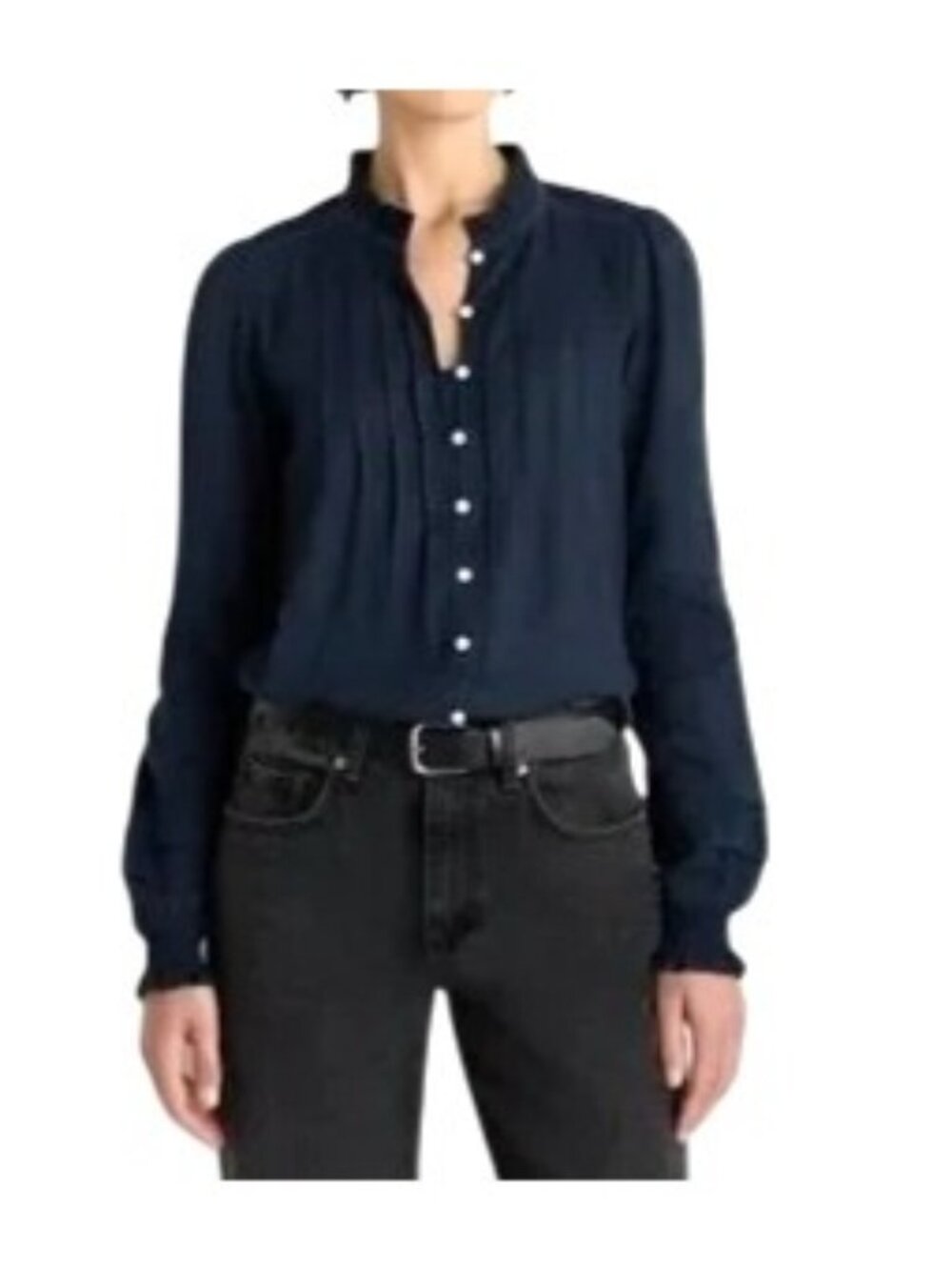 Quince Organic Textured Cotton Peasant Blouse Navy Blue Pintuck Size Small NWOT